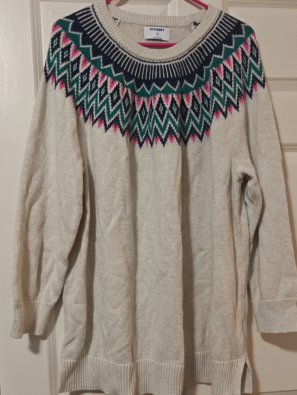 Old Navy Cream Crewneck Sweater with Navy, Green & Pink Fair Isle Yoke